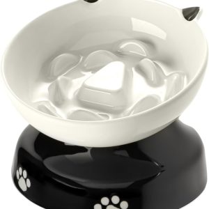 Ceramic Cat Slow Feeder, Elevated Dog Food Bowl Tilted Design, Slow Feeder Bowl no Black Chin, Cat Shape for Dry and Wet Food