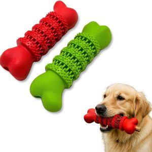 Durable Interactive Dog Bone Toys 2-Pack (6.5”) for Medium & Large Dogs – Treat Dispensing Chew Bones with Teeth Cleaning & Puzzle Design (Green & Red)