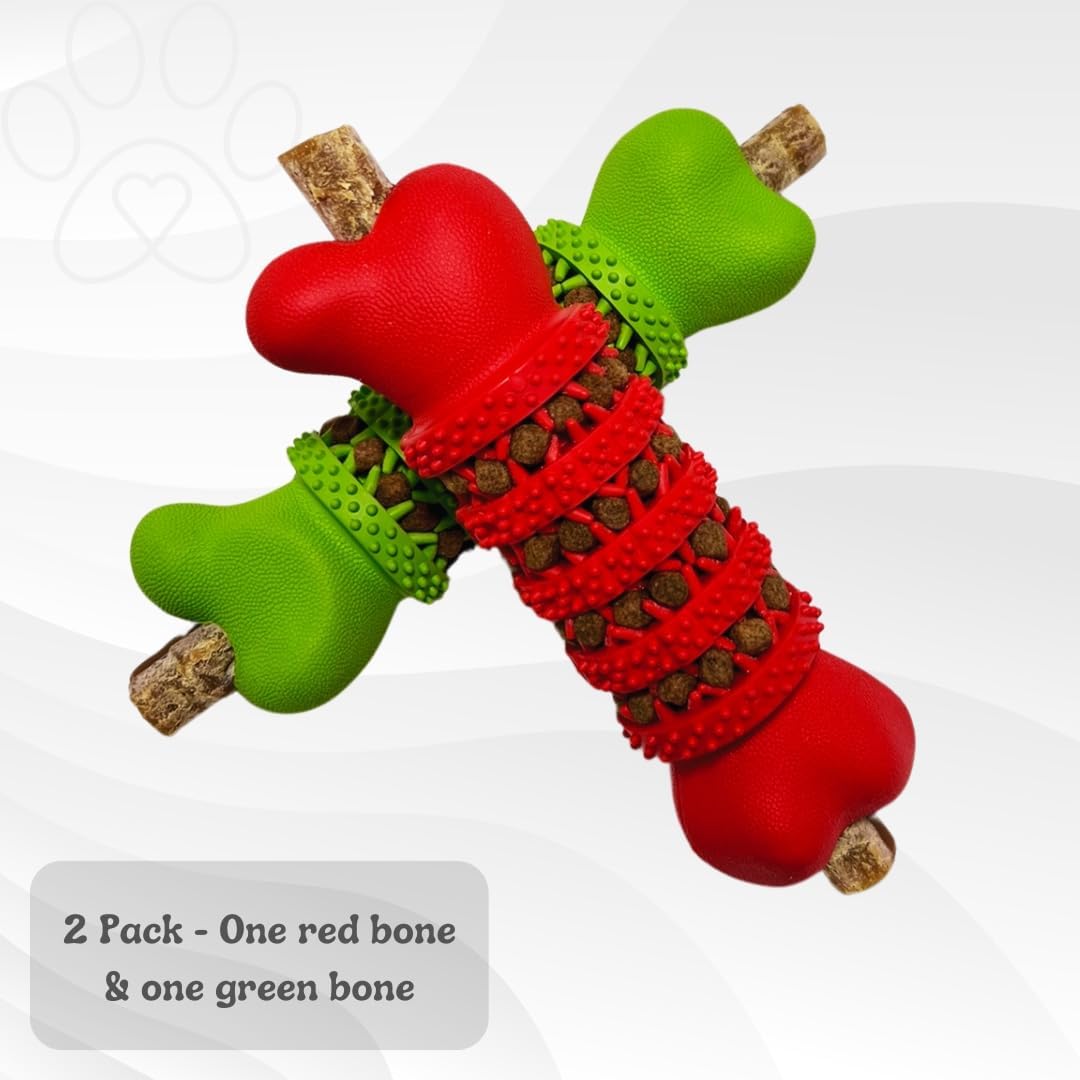 Durable Interactive Dog Bone Toys 2-Pack (6.5”) for Medium & Large Dogs – Treat Dispensing Chew Bones with Teeth Cleaning & Puzzle Design (Green & Red) - Image 2