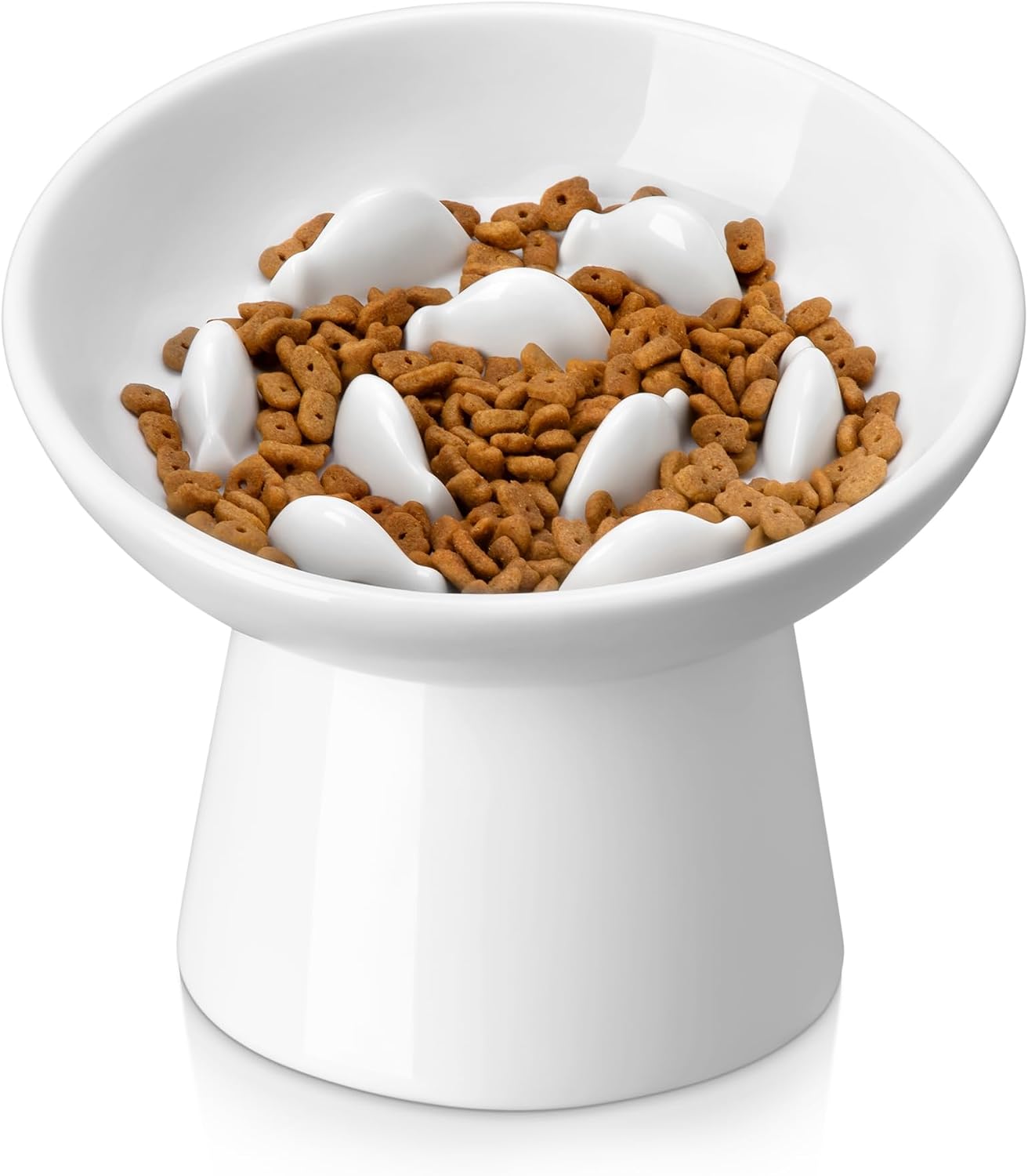 Ceramic Slow Feeder Cat Bowl, 6.25 Inch Elevated Cat Slow Feeder Bowl, Anti Vomiting for Dry and Wet Food, White