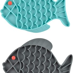 Slow Feeder Cat Bowls, 2 Pack Fish-Shaped Silicone Puzzle Feeders for Healthy Eating & Anxiety Relief - Lick Treat Mat for Dogs & Cats (Blue+Grey)