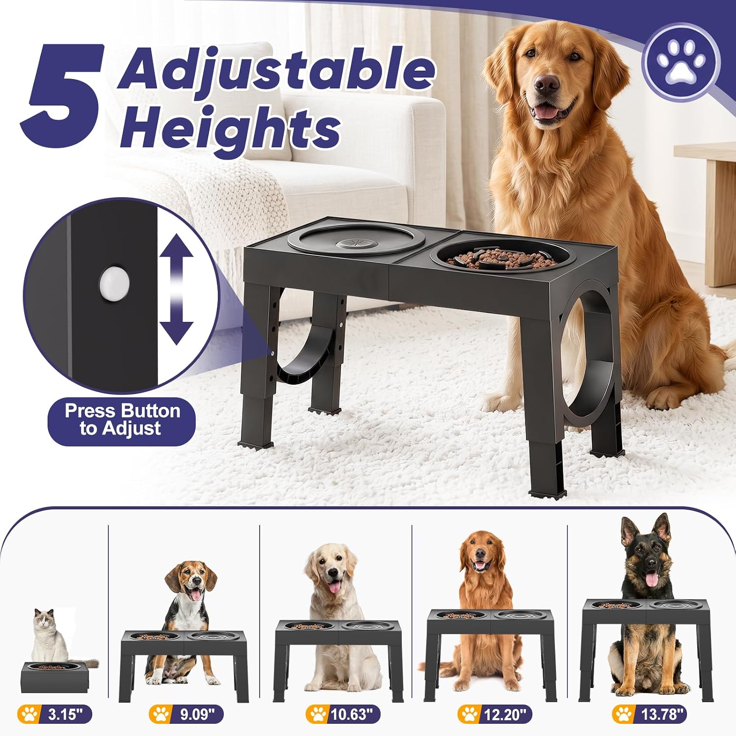 Elevated Dog Bowls Large Breed Raised Dogs Bowl Stand Large/Medium Sized Dog Slow Feeder Dogs Bowls Food Water Stands 5 Heights Adjustable 9/11/12/14in Pet Feeder Dish Station - Image 2