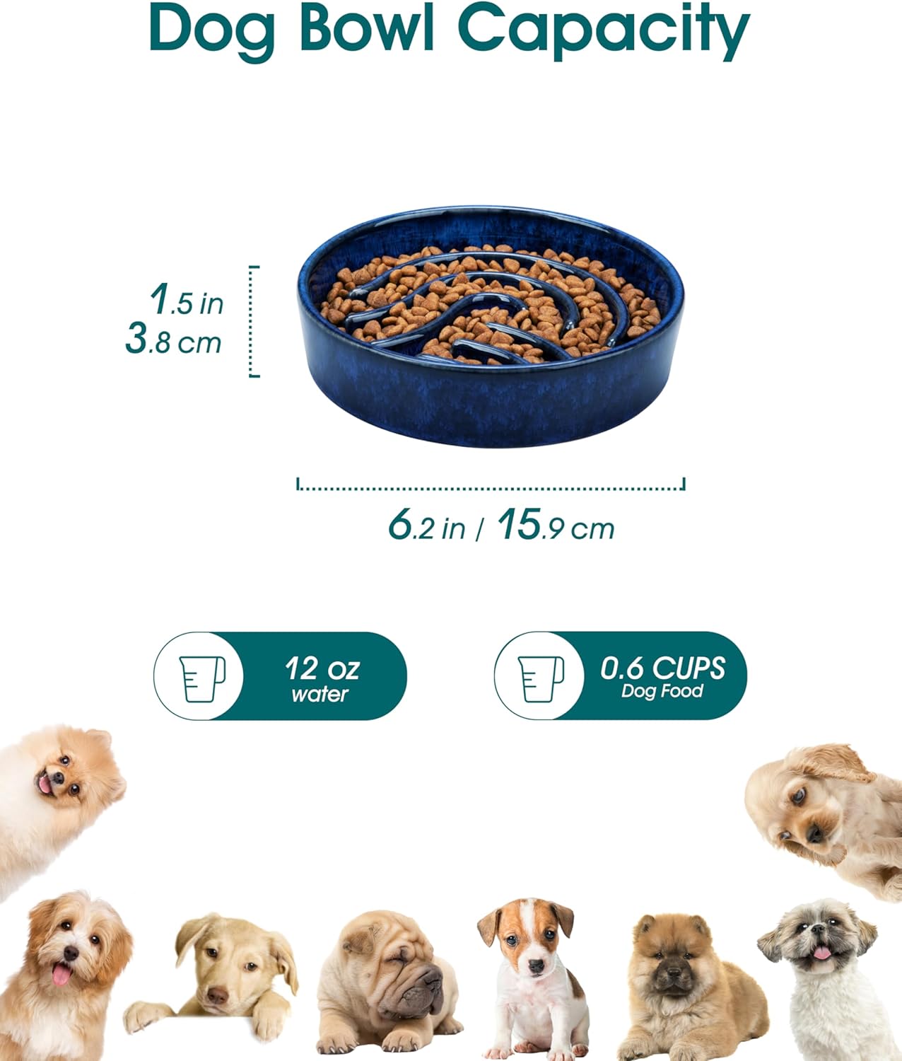 Slow Feeder Dog Bowl, 0.6 Cup Ceramic Slow Feeding Food Dish for Small Breed, Puzzle Dog Food Bowl for Fast Eater, Blue - Image 2