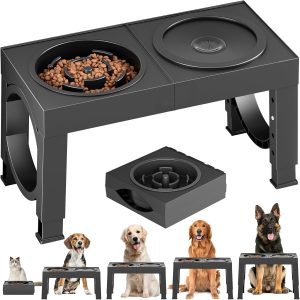 Elevated Dog Bowls Large Breed Raised Dogs Bowl Stand Large/Medium Sized Dog Slow Feeder Dogs Bowls Food Water Stands 5 Heights Adjustable 9/11/12/14in Pet Feeder Dish Station