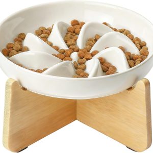 Slow Feeder Cat Bowl with Stand, Ceramic Slow Eating Cat Bowl with Higher Edges, Elevated Cats Food Bowls for Dry and Wet Food Anti-Vomiting Puzzle Feeder for Healthy Eating Diet