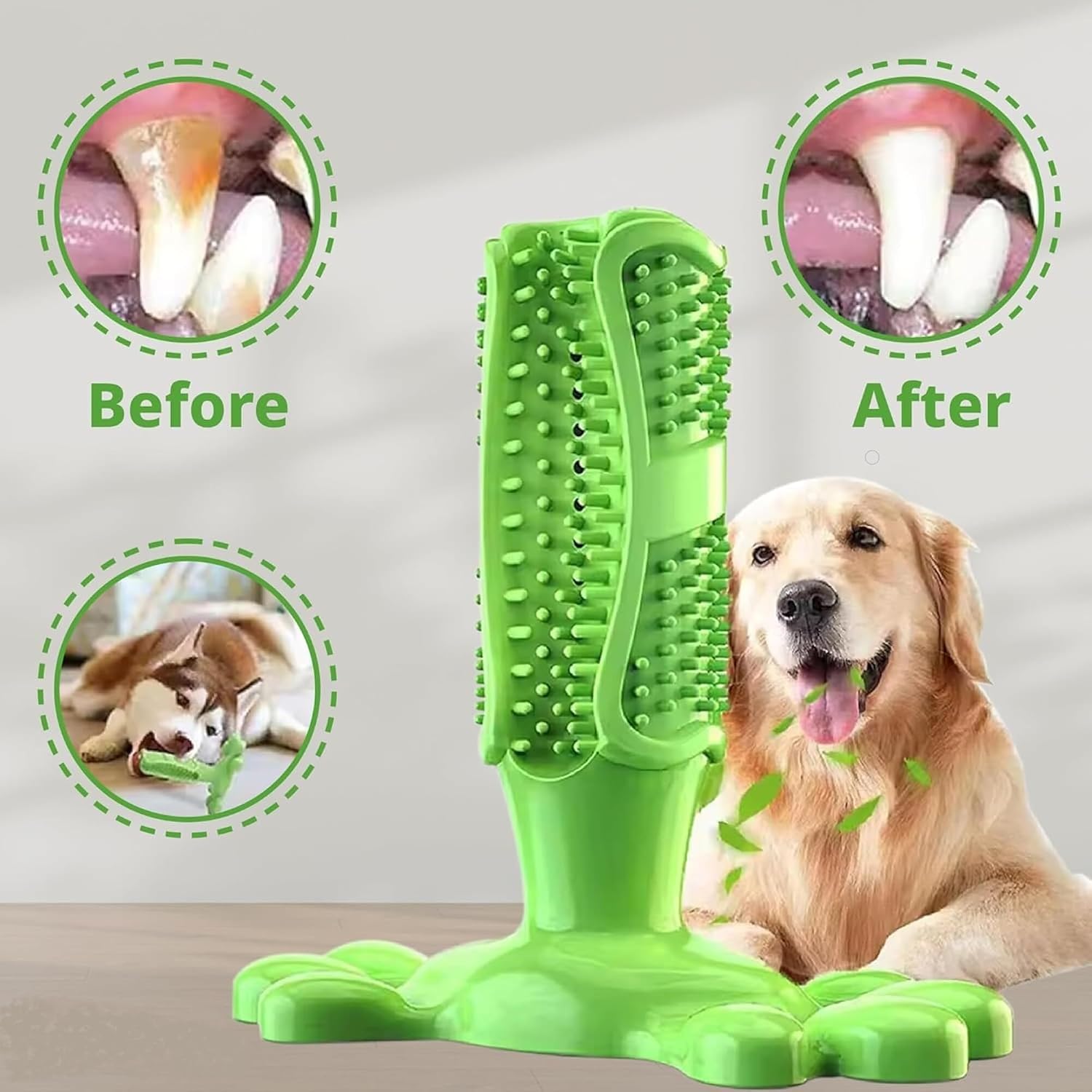 Dog Toothbrush Chew Toy with Treat Dispenser, Interactive Dog Toy for Small Medium Dogs, Puppy Teething Toy, Rubber Dog Chew Toy for Dental Cleaning, Dog Teeth Cleaning Toy & Oral Care, Green, L - Image 2