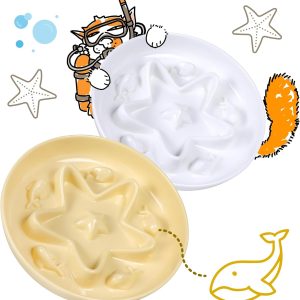 2 Pcs Cat Slow Feeder Bowl – Whisker Friendly Melamine Puzzle Feeding Cat Bowl for Slow Eating – Wet & Dry Food – Dishwasher Safe, Lightweight, Non-Slip (Buttercream + Shell White, 6.3'')