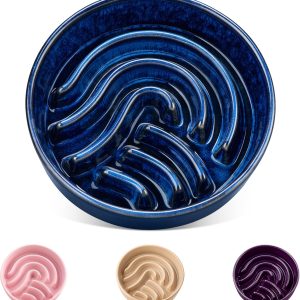 Slow Feeder Dog Bowl, 0.6 Cup Ceramic Slow Feeding Food Dish for Small Breed, Puzzle Dog Food Bowl for Fast Eater, Blue