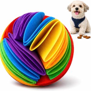 Medium Folding Treat Puzzle Ball for Dogs for Boredom Relief, Slow Feeding, Mental Stimulation and Enrichment, Durable Felt, Rainbow Color