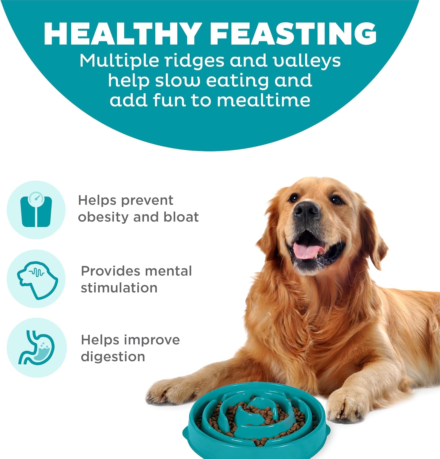 Large 4‑Cup Capacity, Slow Feeding, Medium to Large Dogs, Non‑Slip, Turquoise, Drop Pattern - Image 2