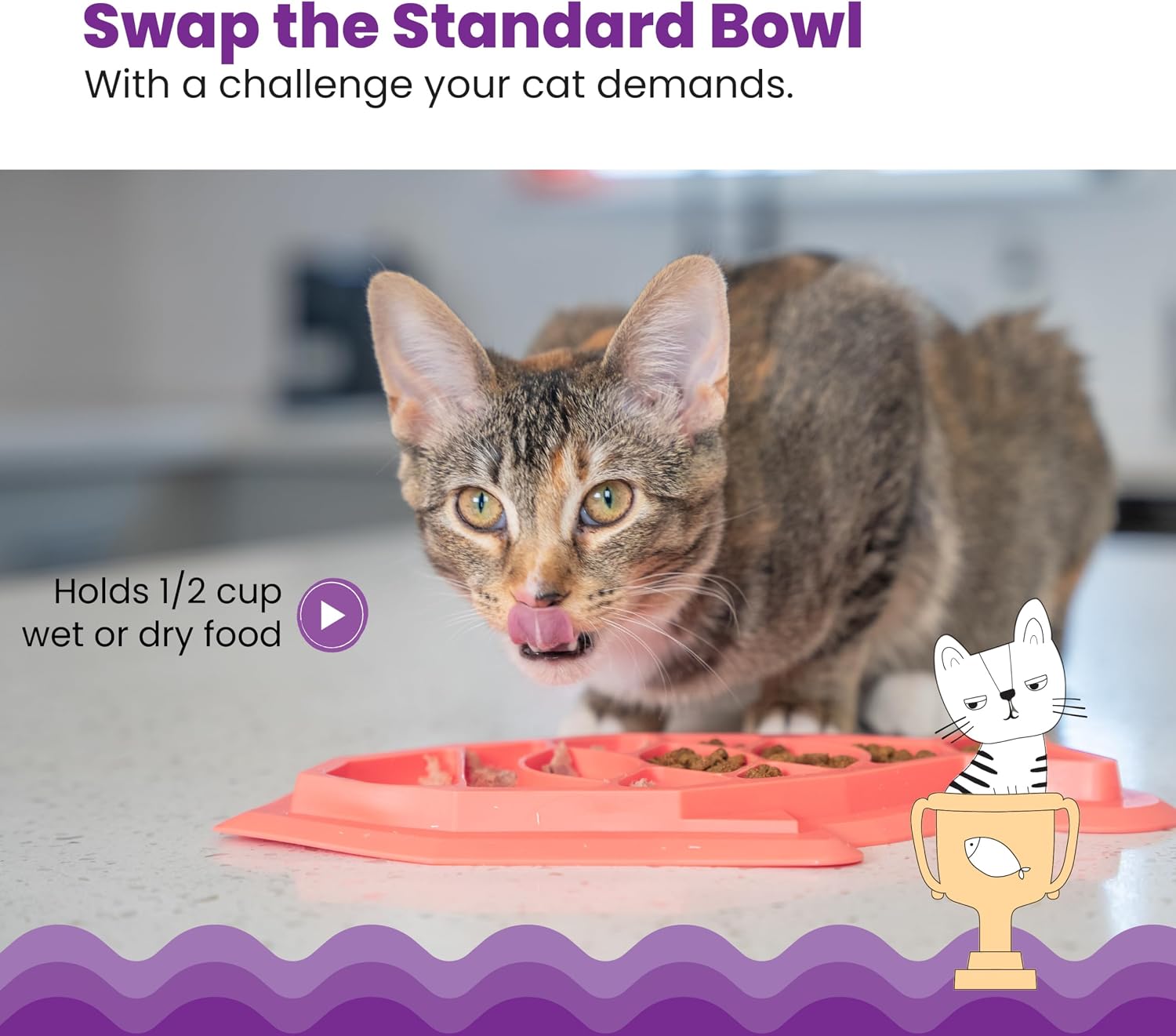 Feed Mat – Non-Slip Slow Feeder Mat for Cats with Catnip, Crinkle Sounds & Engaging Play, ½ Cup Food Capacity, Pink - Image 2